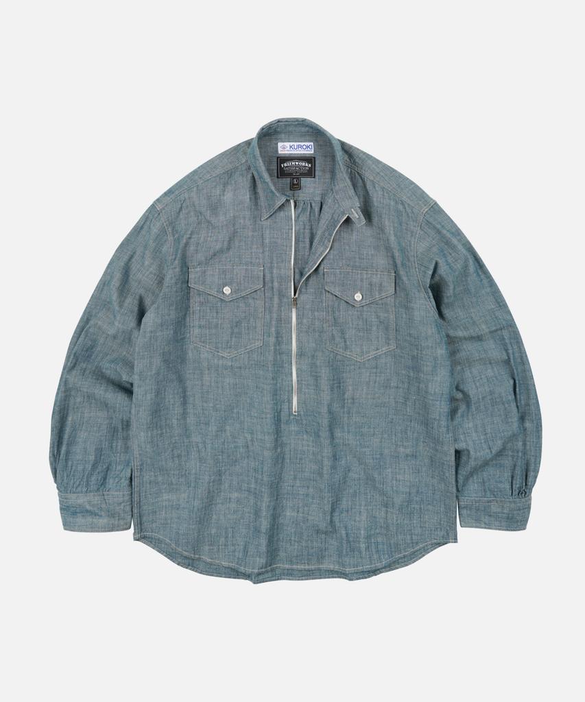 FRIZMWORKS Kuroki Chambray Half Zip Shirt _ Washed Blue