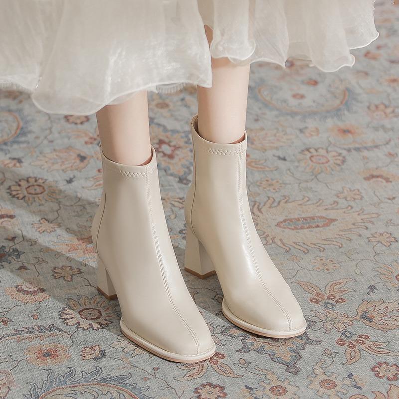 Coarse heel Martin boots women's autumn and winter new versatile simple square head high heel thin elastic short boots