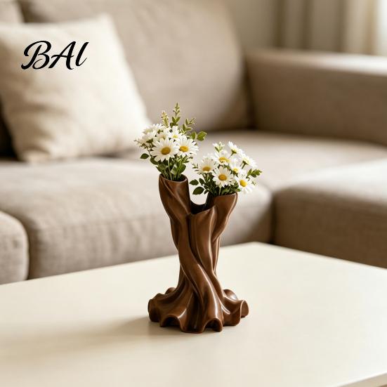 Double Tube Floral Container 3D Printed Flower Vase, Matte Wood Grain Ornament, Mid Durable Resin Planter Century Style Arrangement, for Dried Flowers