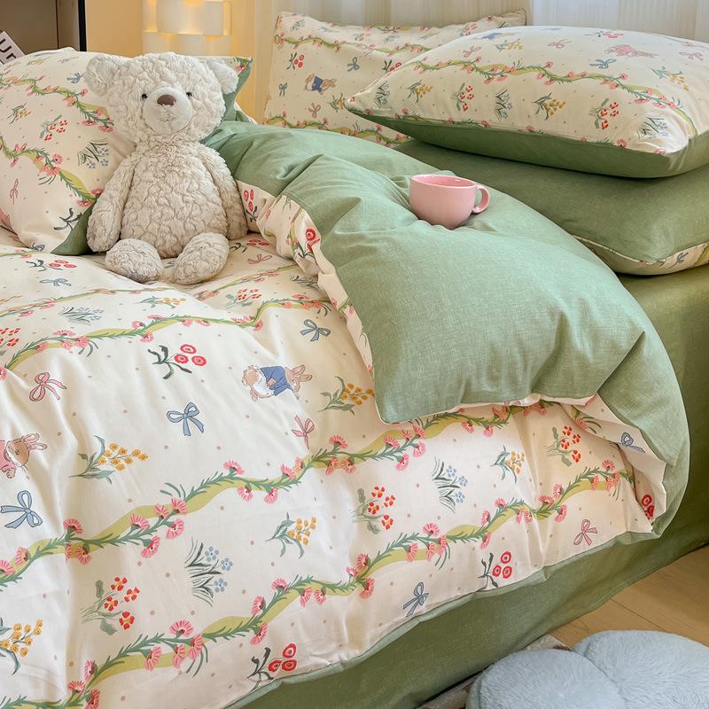 Trendy Double-Sided Cotton Dorm Bedding Set, Fresh Style, 3-Piece or 4-Piece Options