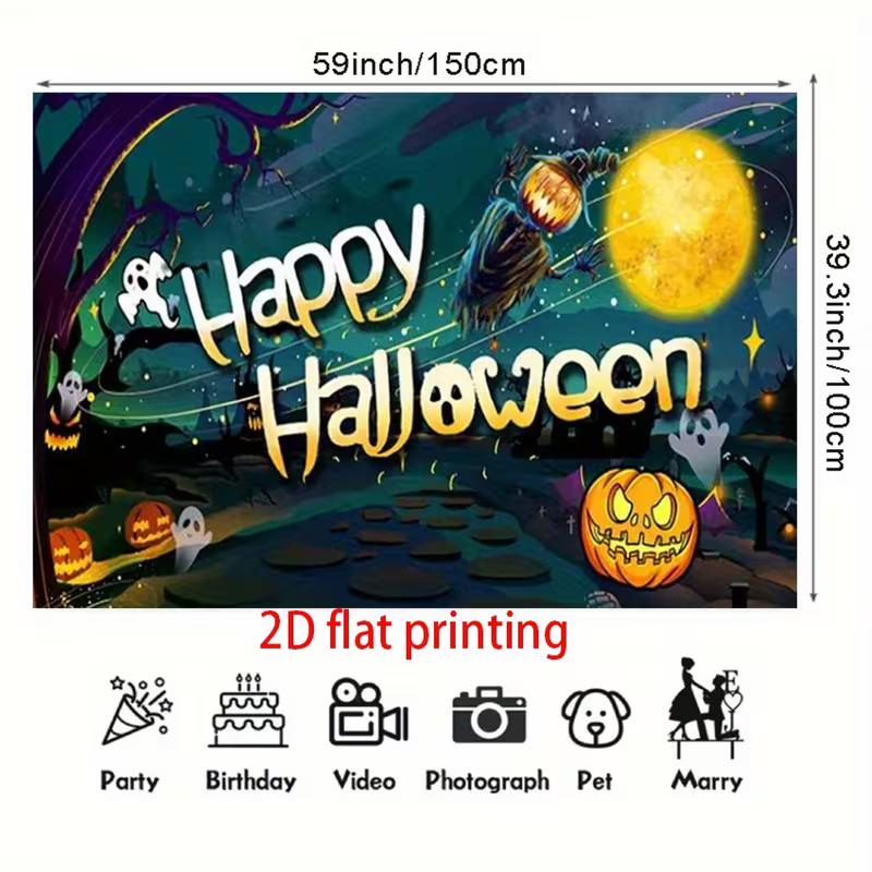 2D Flat Print Spooky Halloween Background Cloth with Moon and Witch
