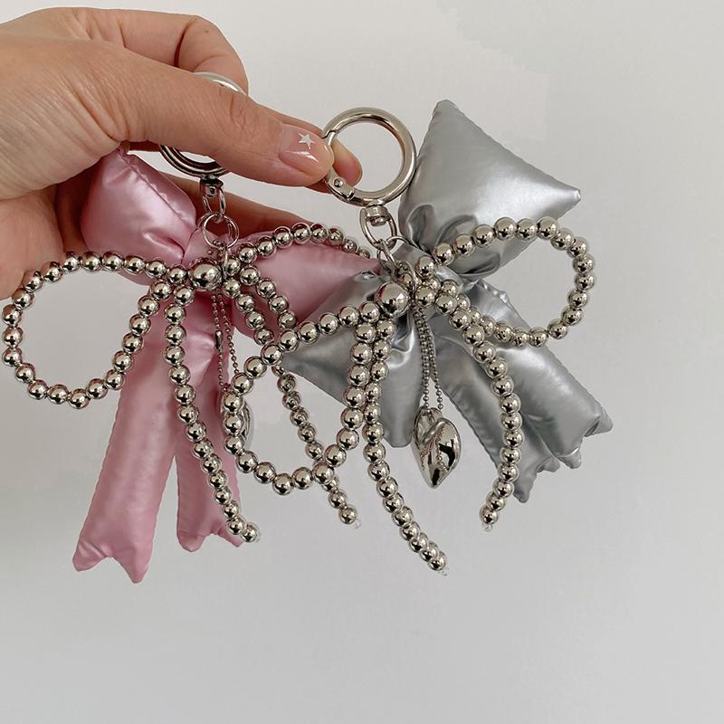 Y2K Bow Bag Charm Beaded Heart Pendant Cute Fashion Keychain Accessory For Handbag Backpack Hanging Decoration Keyrings