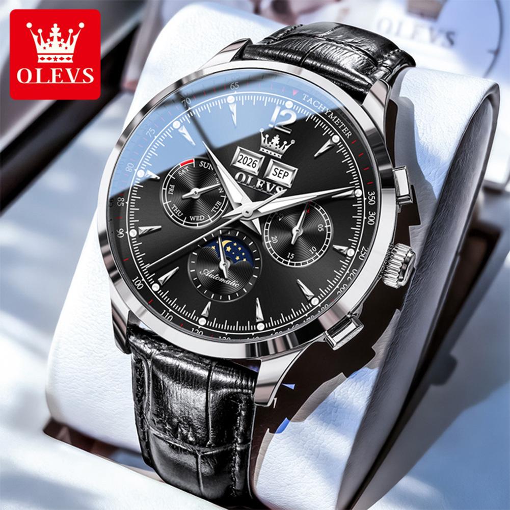 OLEVS Brand New Fashion Moon Phase Original Mechanical Watch Men Leather Strap Waterproof Week Calendar Automatic Watches Mens