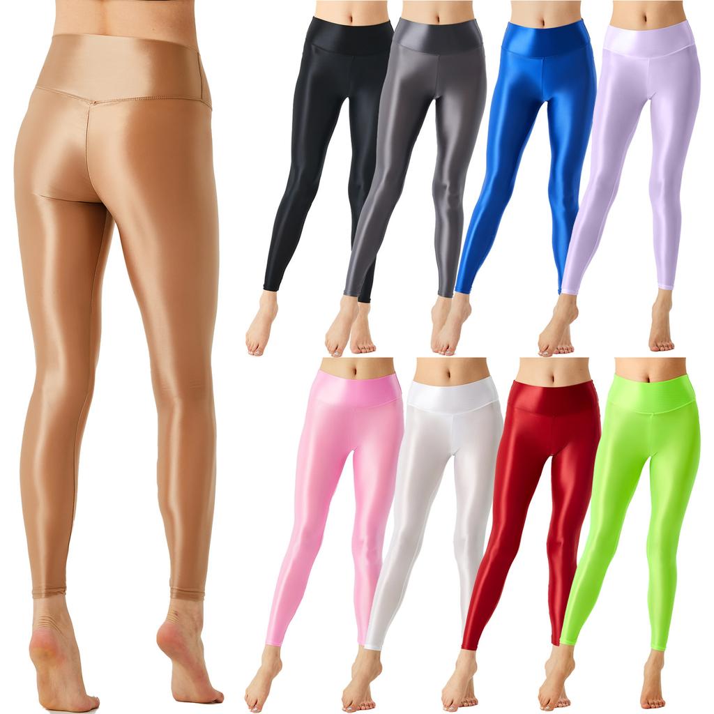 Leggings Brillants Extensibles pour Femmes Ceinture Élastique Large Design Uni Pantalons de Yoga Pilates Fitness