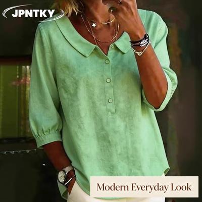 JPNTKY Women's Fashion Casual Solid Color Print 3/4 Sleeves POLO Neck Blouses & Shirts