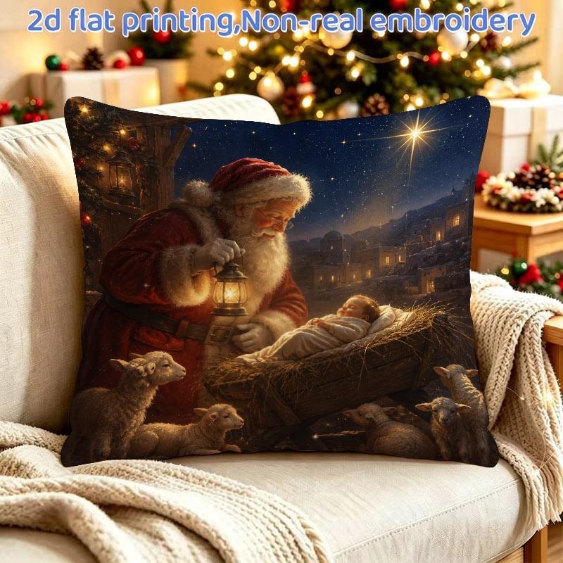 1pc 2D Flat Printing Single-Sided Printed Christmas Pillowcase, Zipper Closure Without Pillow Core, 45X45Cm/18X18 Inches, Santa Claus And Nativity Sce