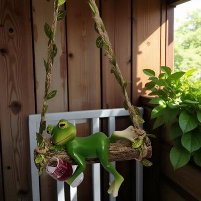 Garden Swing Frog Resin Swing Frog Statue with Red Wine/Drinks In Hand for Balcony Garden Flower Pots Outdoor Indoor Decor