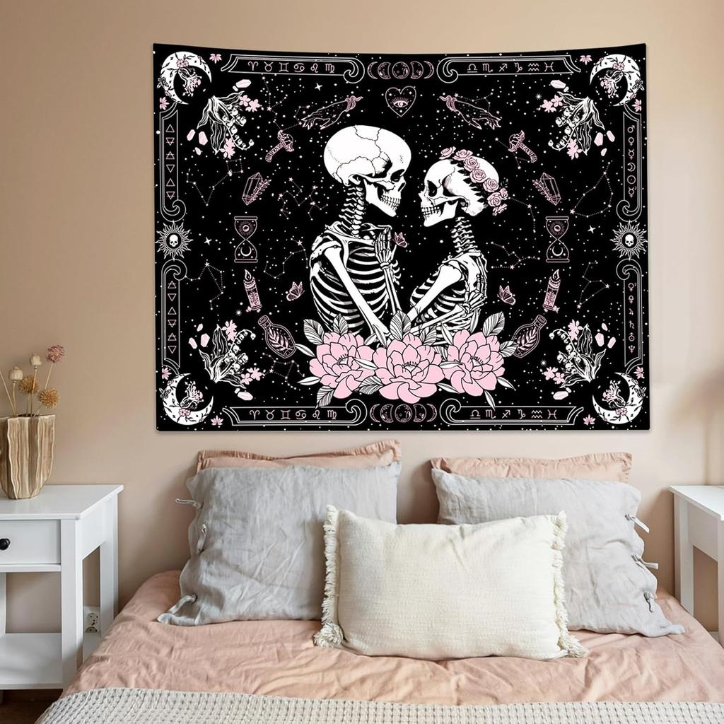 KJHL Pink and Black Gothic Witchy Skull Tapestry for Bedroom