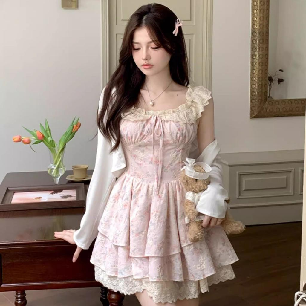 Sweet Spice Girl Small Flying Sleeve Floral Dress Female Summer Small Man First Love Princess Cake Dress Waist Fluffy Dress