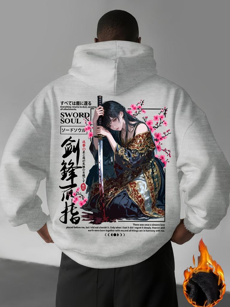 Men's Warm Winter Autumn Hooded Jacket with Sharp Blade Design Cherry Blossom Blooming Pattern Printed Casual Sports Street Wear