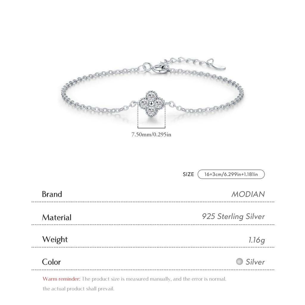 MODIAN 925 Silver Exquisite Lucky Four Leaf Clover CZ Link Chain Stackable Sweet Bracelet For Women Daily Fine Jewelry