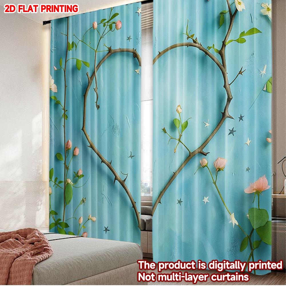 

Set Of 2 Heart Branch Blossom Curtains Romantic Pink Flowers Green Leaves Stars Light Blue Background Bedroom Made Polyester Window Treatment W100*H70(CM)-Grommet top&2PCS
