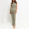 Women's Round Neck Sleeveless Crochet Maxi Dress Loose Fit High Waist Casual Beach Cover Up