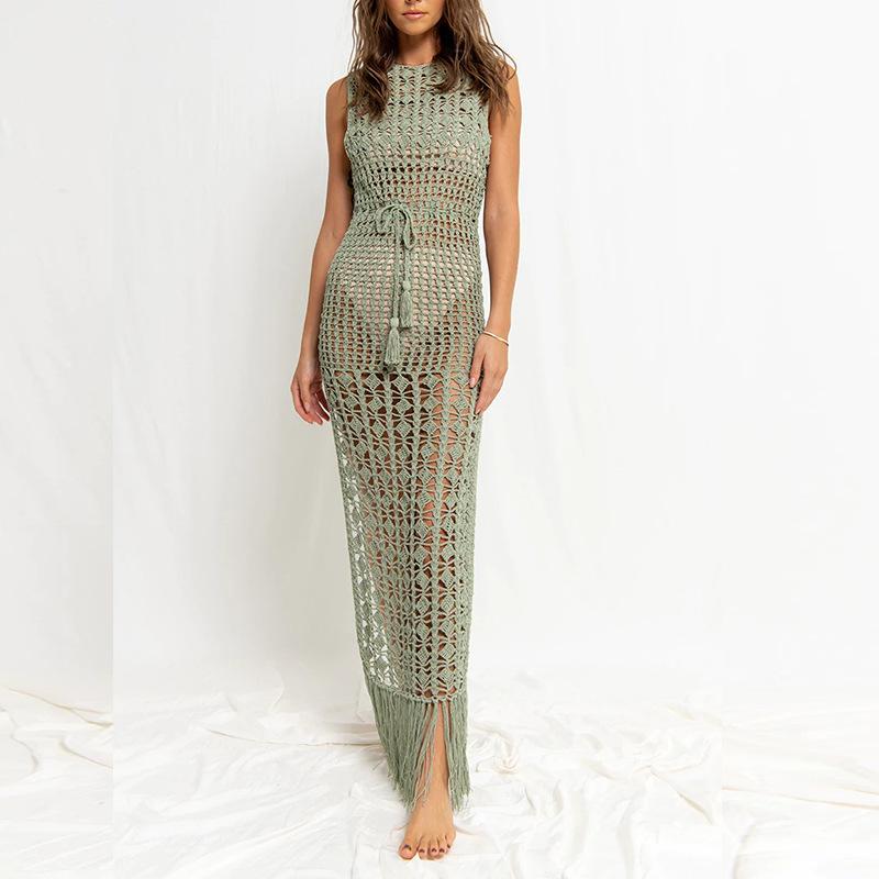 Women's Round Neck Sleeveless Crochet Maxi Dress Loose Fit High Waist Casual Beach Cover Up