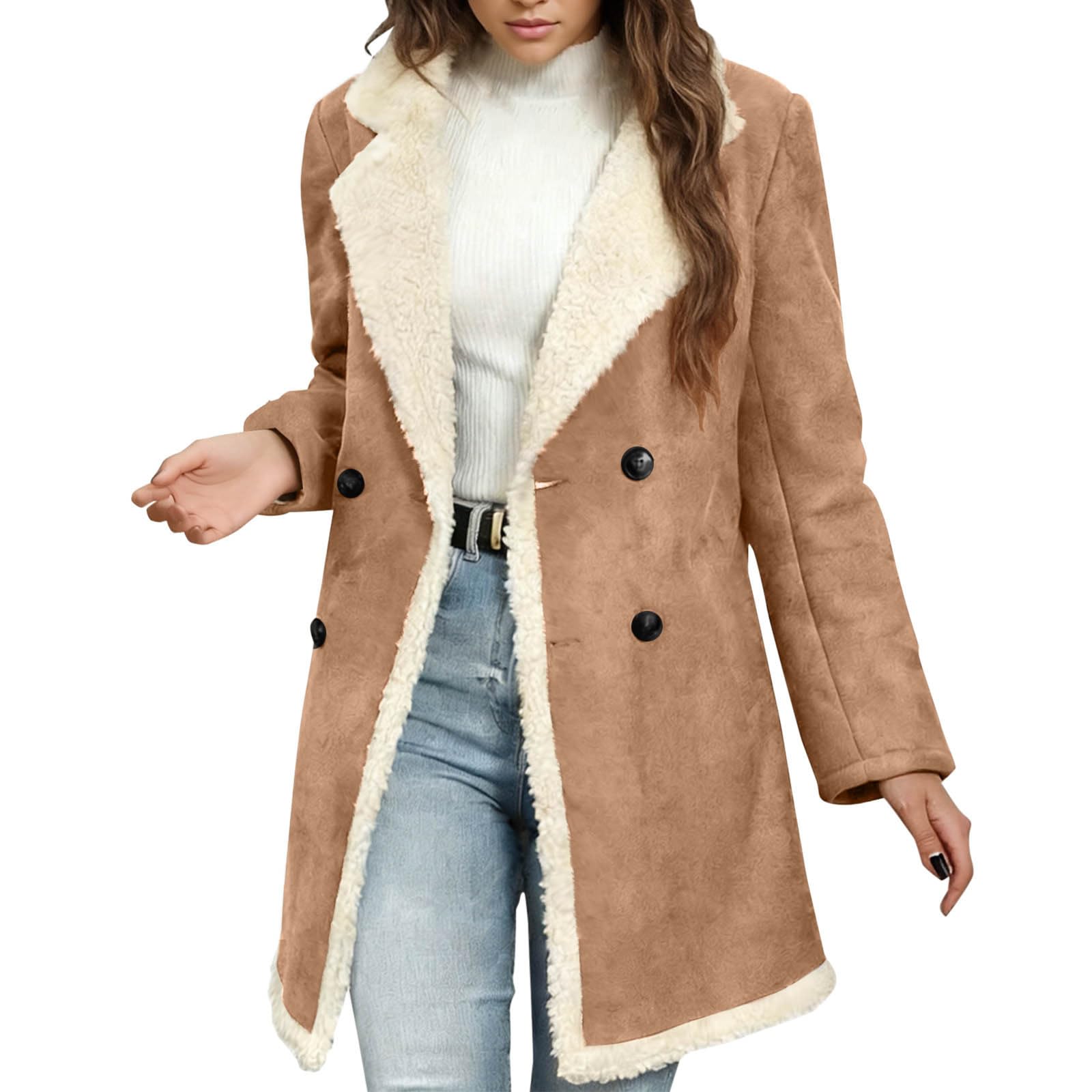 

Women s Elegant And Stylish Double-Breasted Long Winter Coat With Collar And Double-Breasted Fastening In Warm Suede Velvet M верблюд