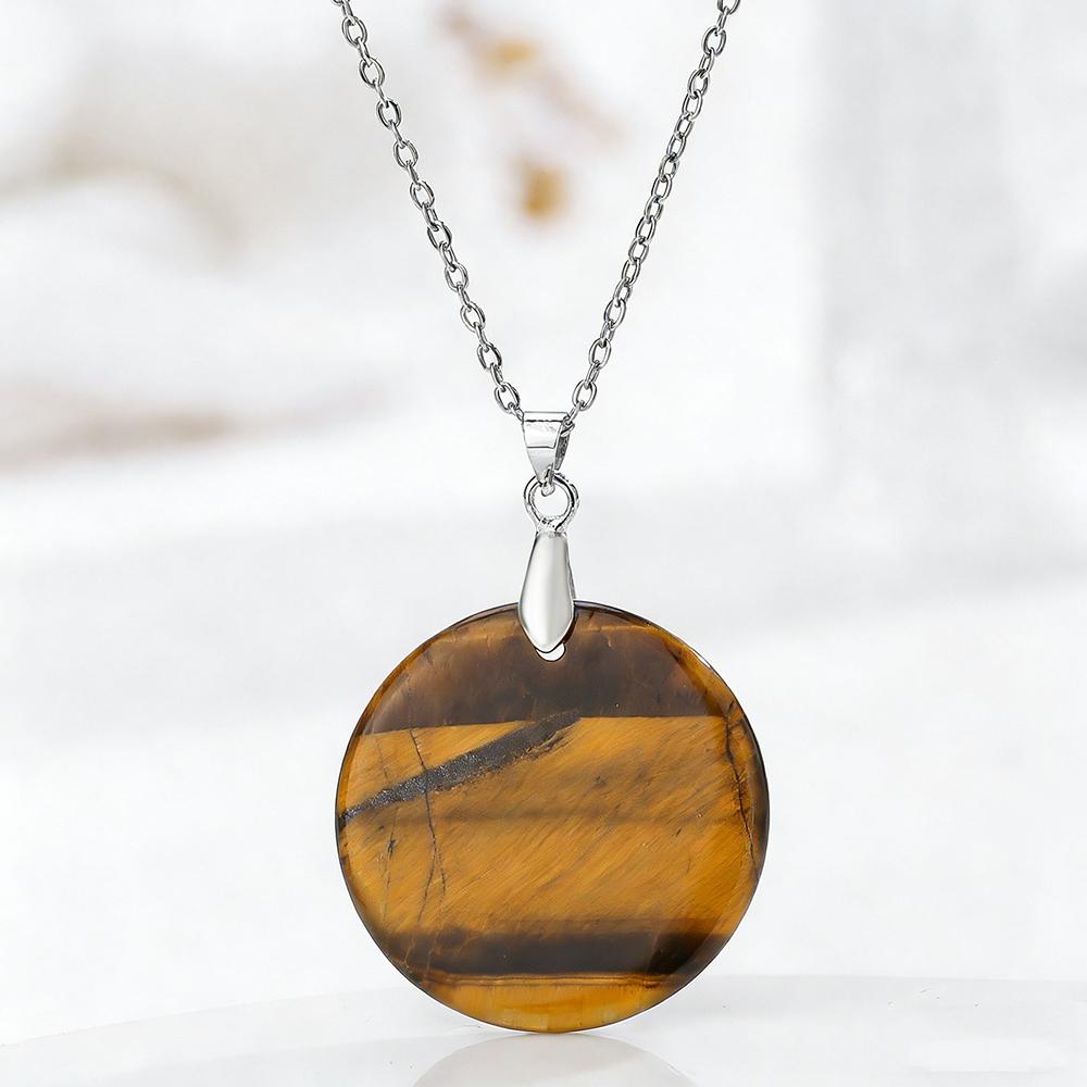 Round Slice Stone Pendent Necklace Natural Tiger Eye Lapis Lazuli Stone Chain Necklace Exquisite Jewelry Gift For Women