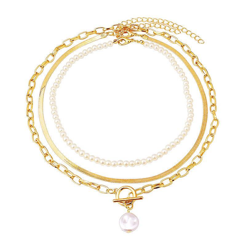 New Fashion Autumn and Winter Stacked Accessories Flat Snake Bone Chain Versatile Necklace, Simple Pearl Chain OT Buckle Necklace