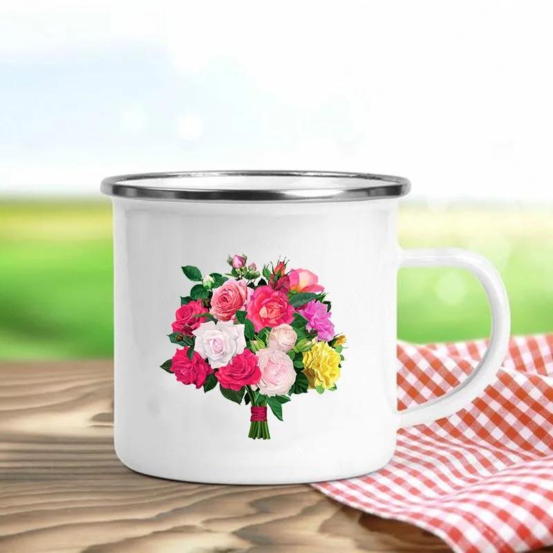 Çiçek Baskılı Retro Emaye Kupalar Yaratıcı Kahve Kupaları Yaz Açık Hava Piknik İçecekler Meyve Suyu Süt Kamp Kupaları Saplı İçecek Kapları Hediyeler