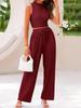 Summer Casual Set Sleeveless Round Neck Short Slim Top Wide Leg Pants Two Pieces
