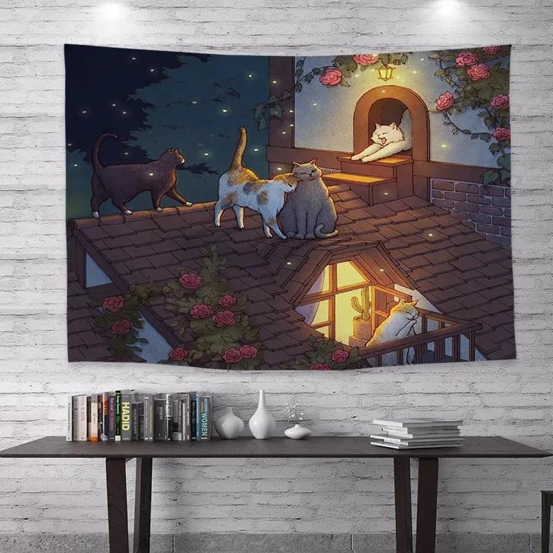

Cozy Cat Life Tapestry Set Whimsical Indoor Outdoor Scenes Unique Wall Art for Home Decor Bedroom Animal Lover Gift 74x94cm(29x37in)