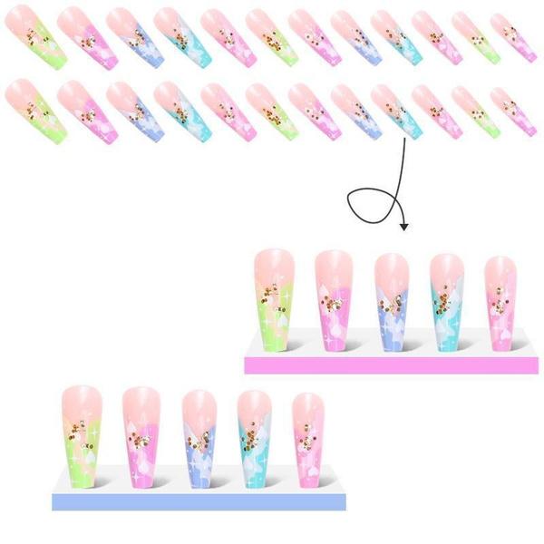 Press On Nails With Designs Long Rainbow Heart Nail False Nail With Sticker Glue French Peach Heart Cotton Cloud Arcrylic Nail Tips