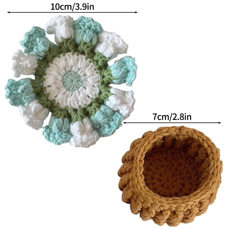Crochet Coaster Handmade Knitted Flower Bouquet Coaster Plant Pot with Flowerpot Flower Placemat Cup Pad Teacup Stand Diy Flower