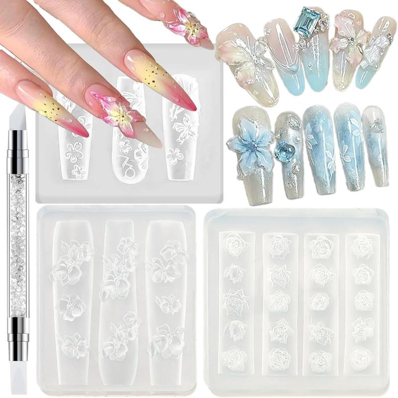 2/3/4Pcs/Set 3D Rose Flower Silicone Nail Mold Set Floral Petal Design Transparent DIY Nail Art Carving Molds Accessory Kit