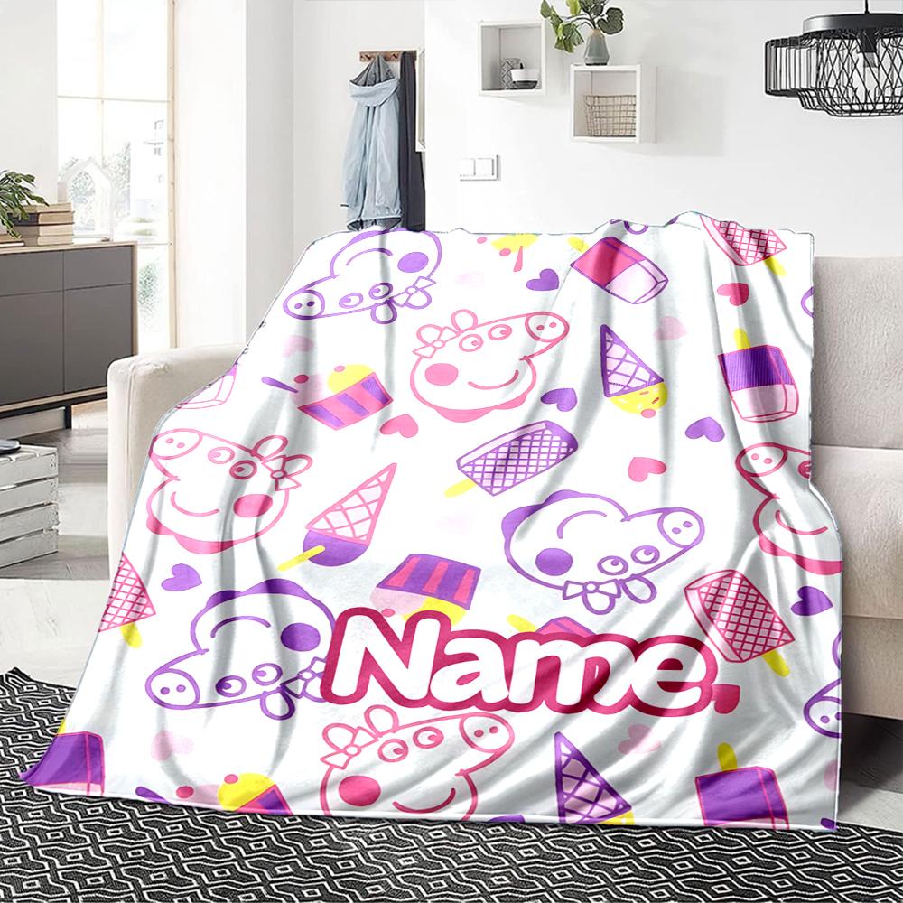 Custom Name Peppa Pig Ice Cream Party Party Blanket For Couch Bed Plush Cozy Fuzzy Blanket Super Soft Warm Blankets For Fall And Winter 0916106