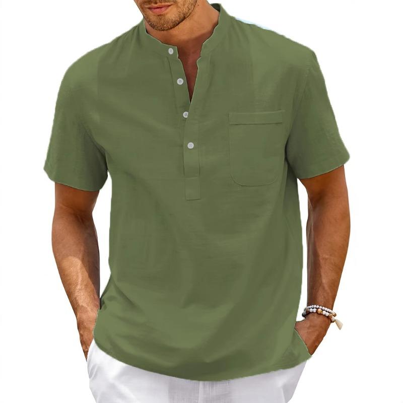 Herren Mischgewebe Einfarbig Mandarin-Kragen Henley-Shirt Kurzarm Lässig Urlaub Brusttasche Pullover Top