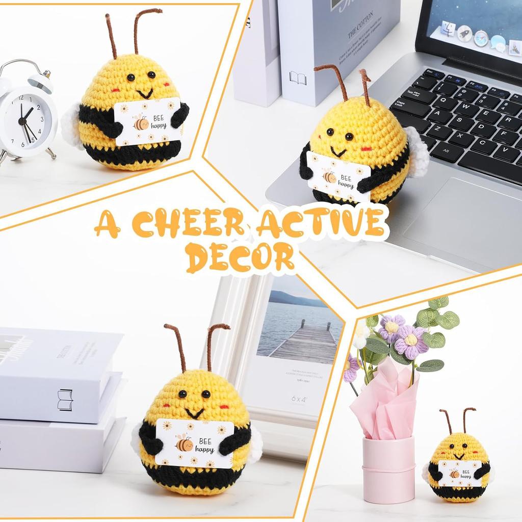 Positive Crochet Bee Doll with Encouraging Card Emotional Support Handmade Knitting Big Butt Bee Animal Room Decoration Ornament