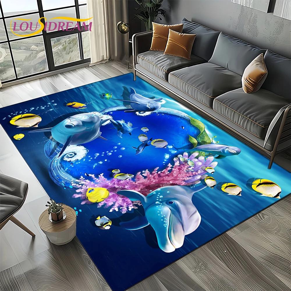 Underwater World 3D Illusion Seabed Cartoon Shark Dolphin Carpet Rug for Living Room Bedroom Home Sofa Decoration,Floor Mat Kid