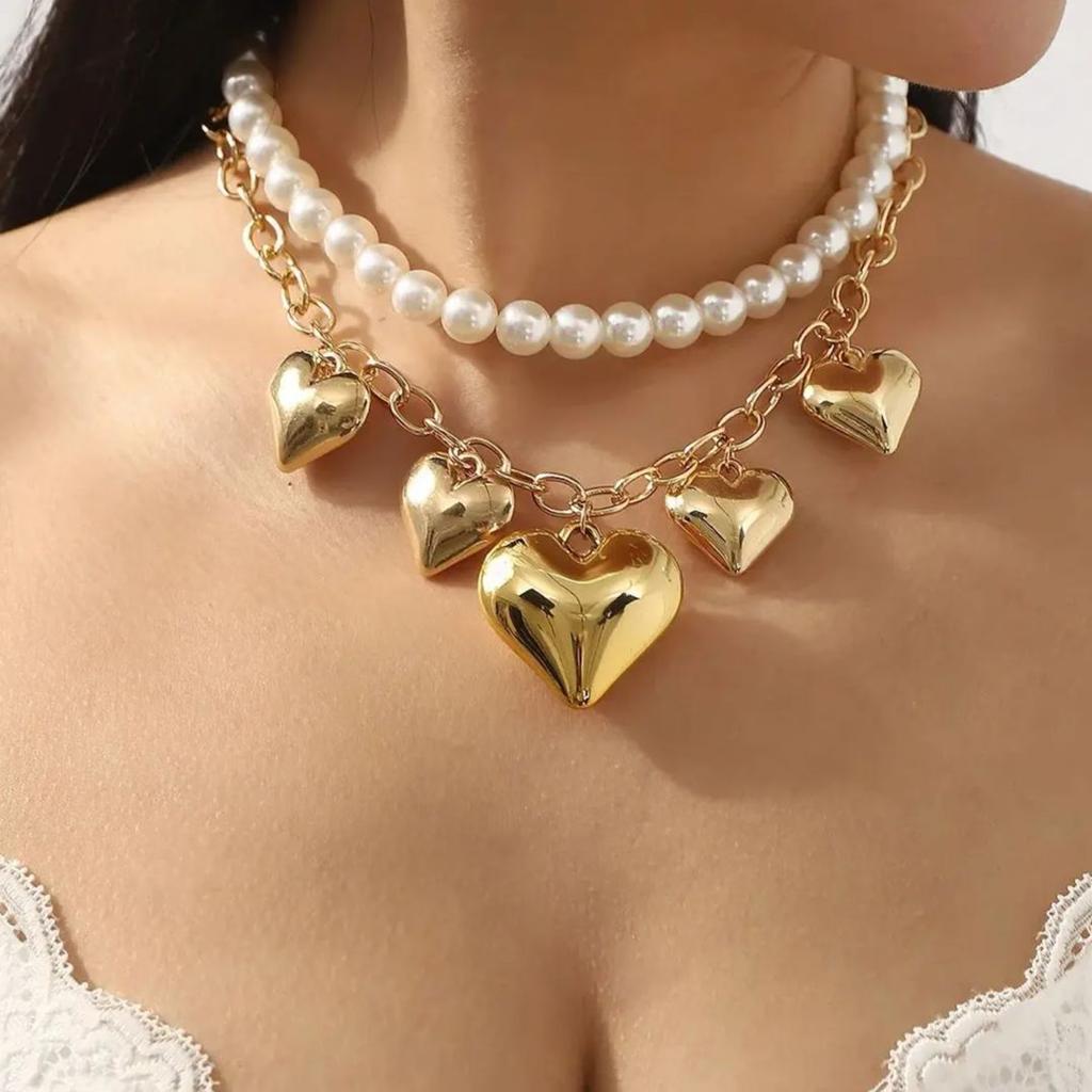 DIEZI Multilayer Elegant Imitation Pearl Beads Choker Necklace For Women Party Gift Fashion Heart Pendant Necklace Jewelry