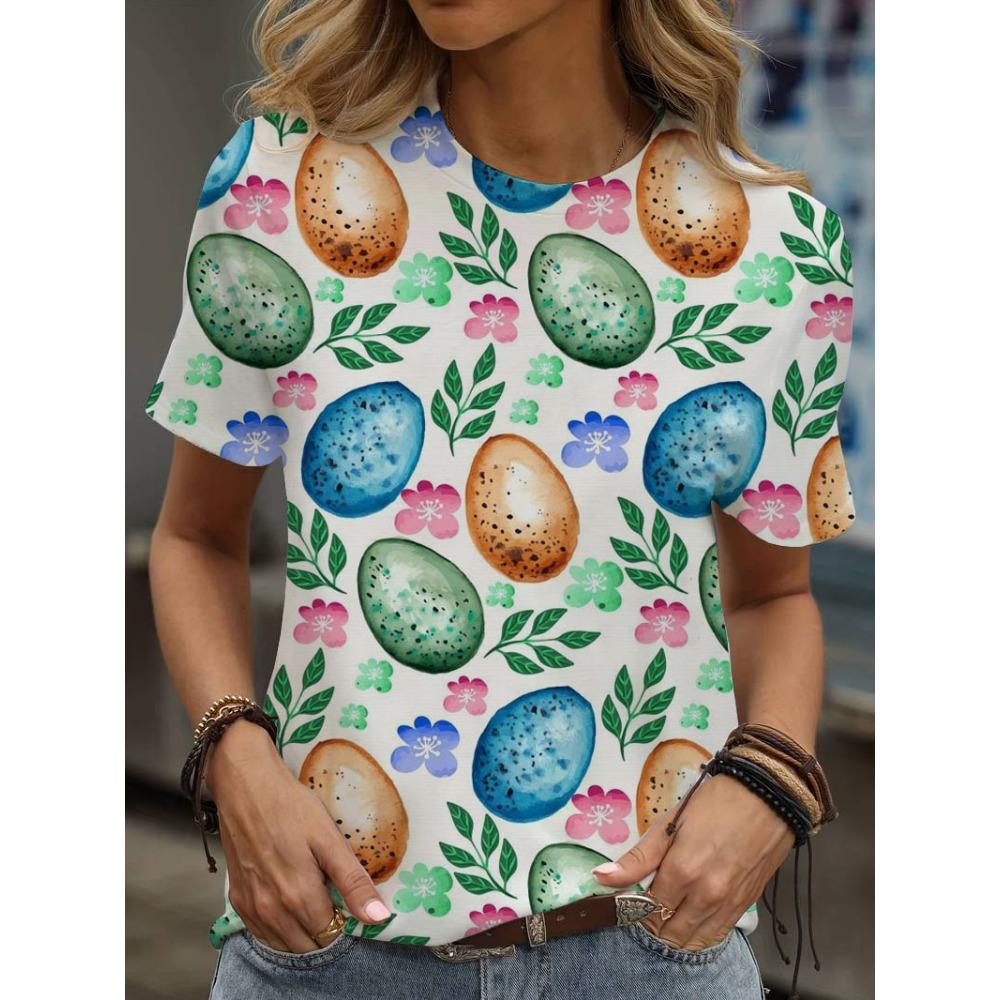Multicolor floral printed T-shirt, casual street style, high-end top women's clothing, short-sleeve T-shirt for 2025.