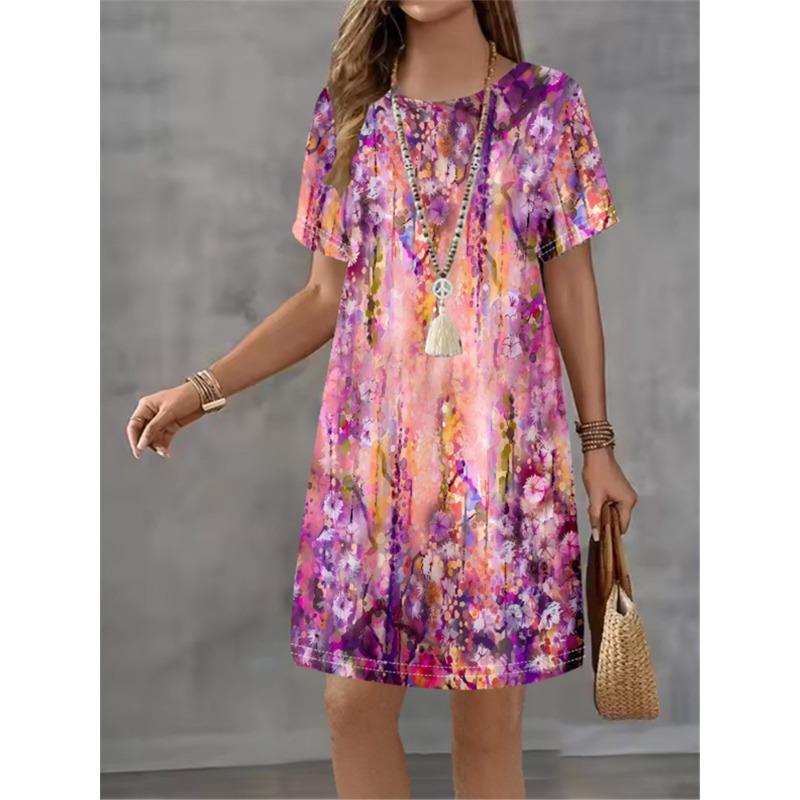 Women's Summer Flower Printed Short Sleeve Round Neck Dress 2025 Fashion New Style Design Sense Elegant Women's Mini Dress