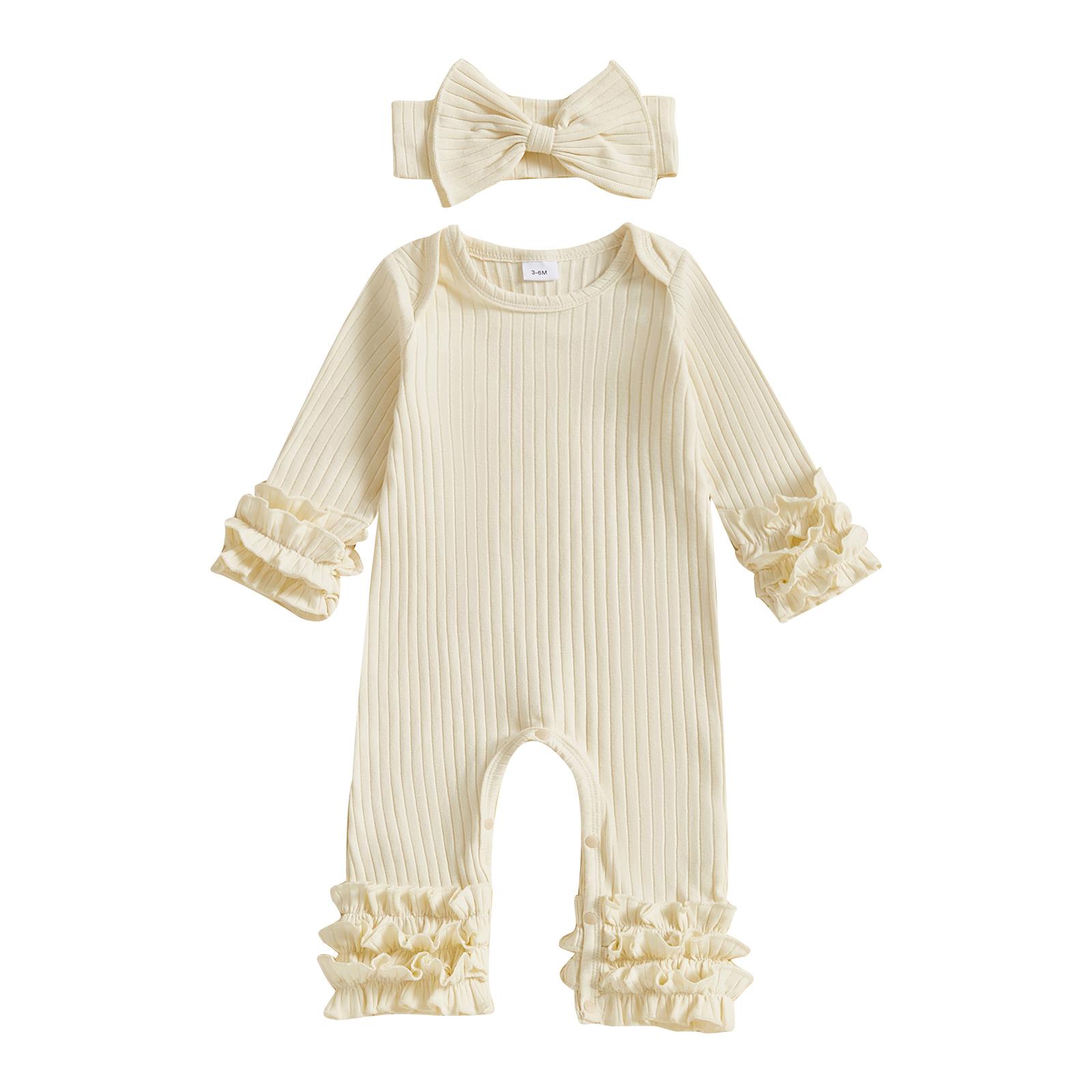 

Осінній комбінезон для дівчинки з довгими рукавами та ребристими рюшами, повноцінний комбінезон з пов язкою на голову та бантом Newborn бежевий