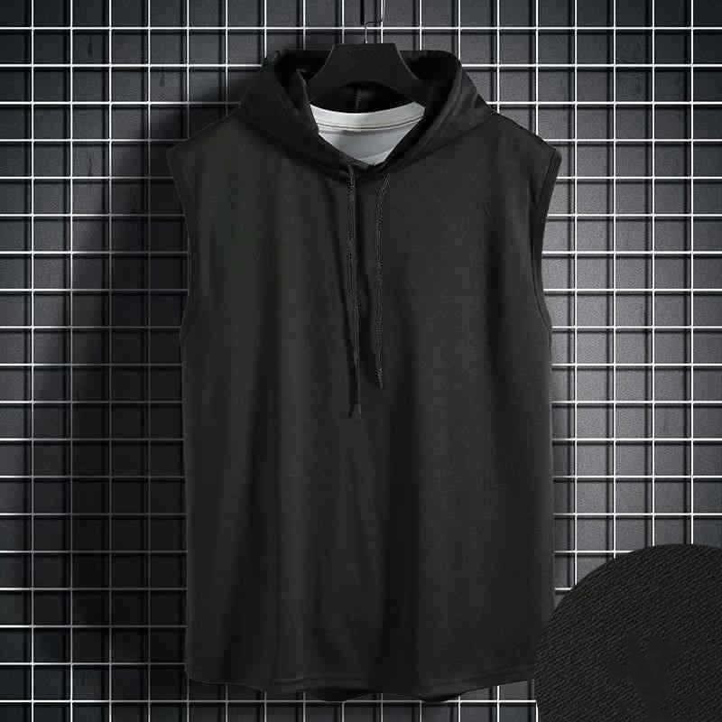 

Men s Summer Casual Solid-Color Sleeveless Hooded T-Shirt with Drawstrings Hip-Hop Style Men s Sweatshirt XS чёрный