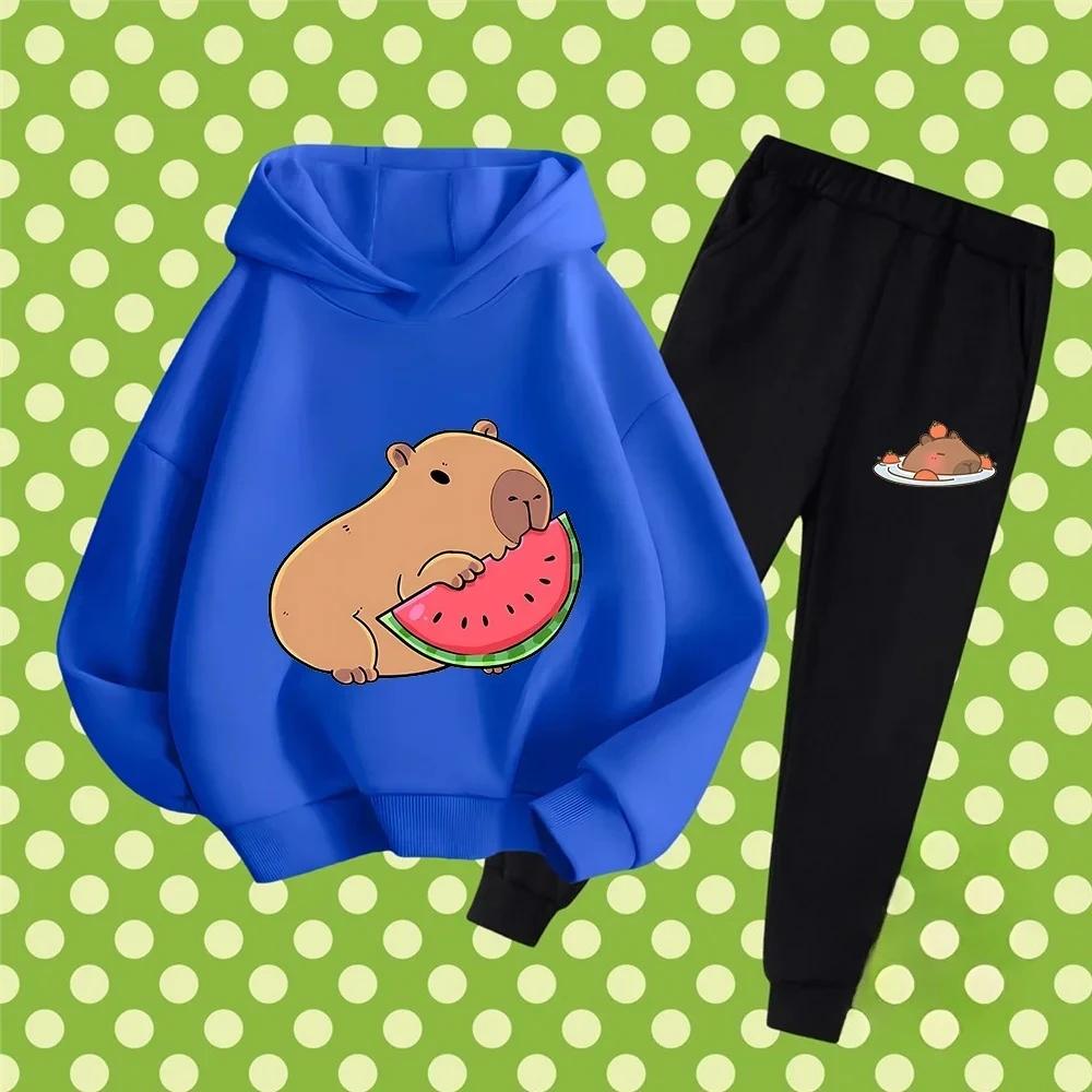 Autumn Winter New Capybara Cartoon Print Outfit Kids Hoodie Set Boys Girls 3-17 Casual Fashion Children's Set Trousers Pant Suit