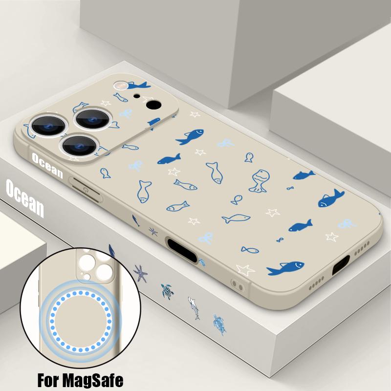 Magnetic For Magsafe Case For iPhone 17 Pro Max Whale Fish Print Soft Silicone Phone Back Cover For iPhone 16 15 14 13 Pro Max 16e 17e