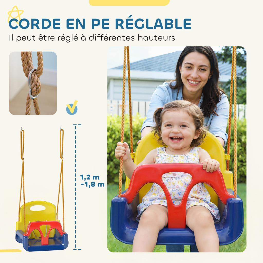 Children's Swing Seat, 3-in-1 Convertible, Removable Backrest, T-Bar, Adjustable Height