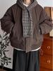 Giacca Imbottita Unisex Giapponese Retrò a Quadri con Cappuccio e Sciarpa