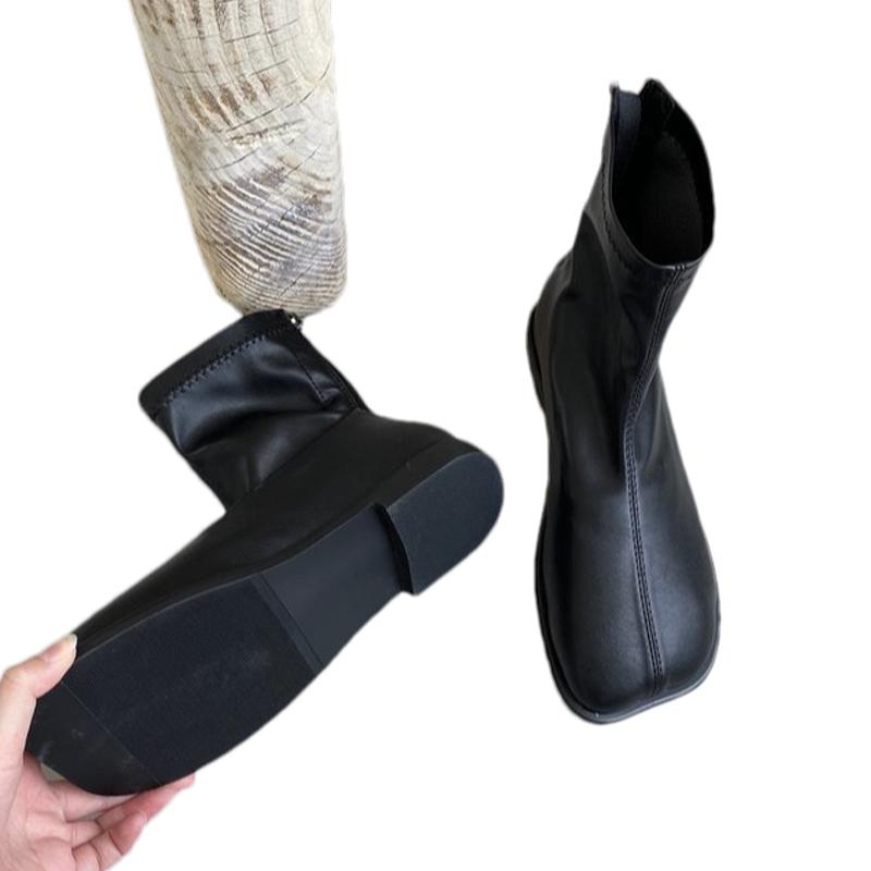 Fashion Women Leather Ankle Boots Flats Square Toe Designer Shoes Trend New Snow Boots Walking Goth Chelsea Boots Zip Female Zapatos