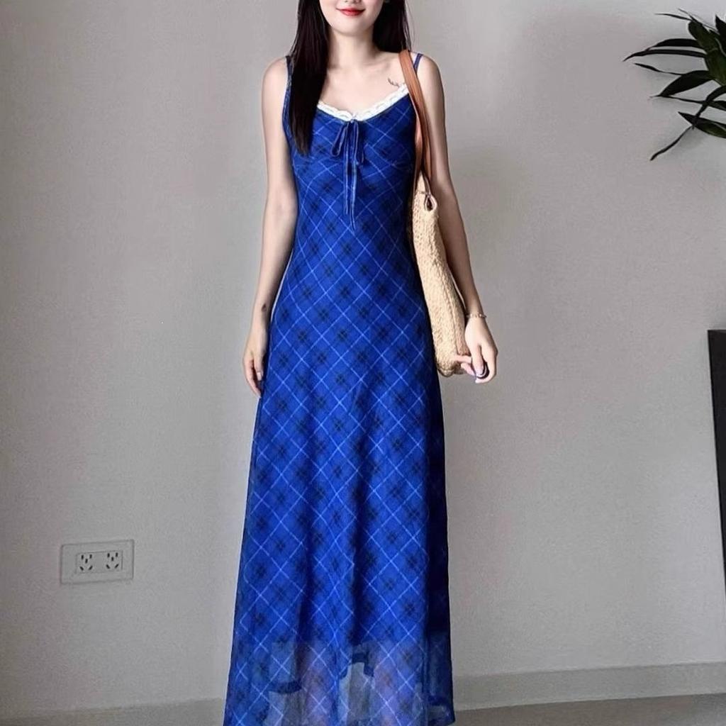 Blue Plaid V-neck Suspender Dress Women's Summer Lace Splicing Slim Skirt Vacation Style Waist A-word Long Dress