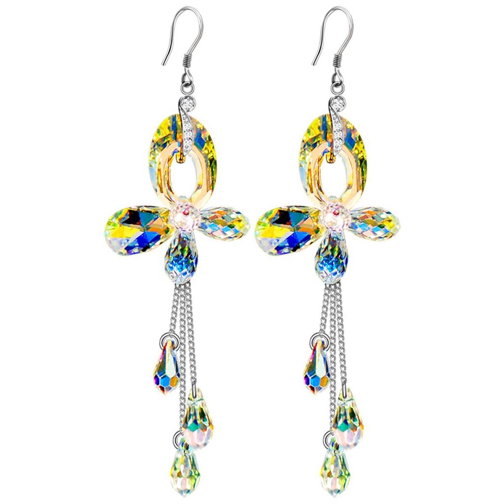 925 Sterling Silver Handmade Unique Dazzling Butterfly Earrings with Aurora Borealis Austrian Crystals  Long Tassels Boho Dangle  Ideal Jewelry Gift
