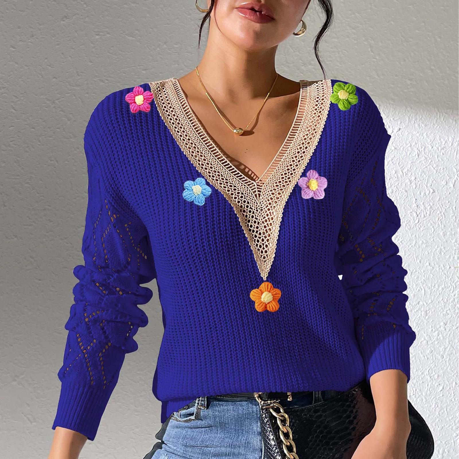 

Женский свободный повседневный кружевной V-образный вырез с длинными рукавами вязаный пуловер свитер топ свитер топ XL темно-синий