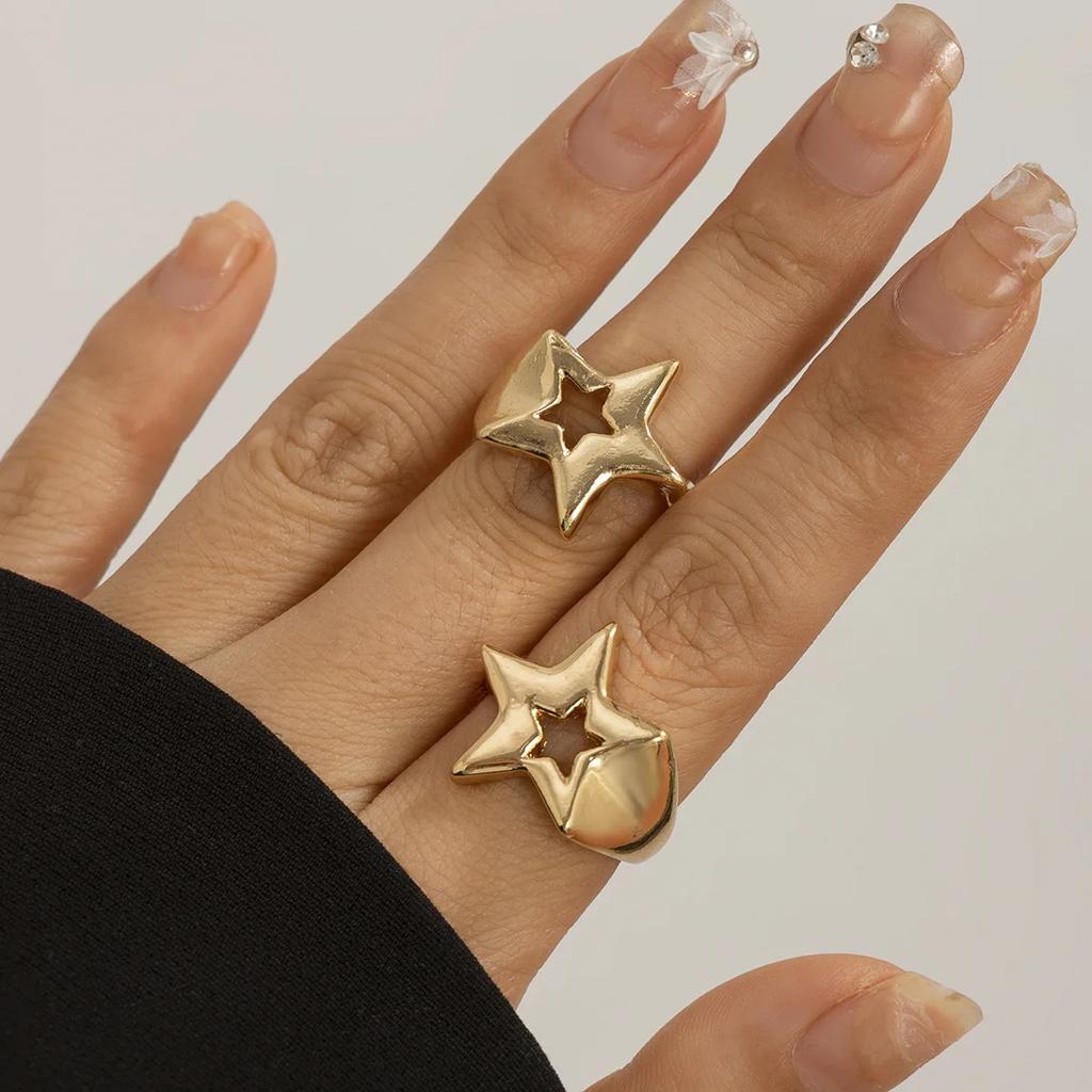 XINYI 2Pcs Design Three Dimensional Star Open Ring Set for Women Hip Hop Hollow Pentagrams Wide Finger Ring Girls Party Jewelry