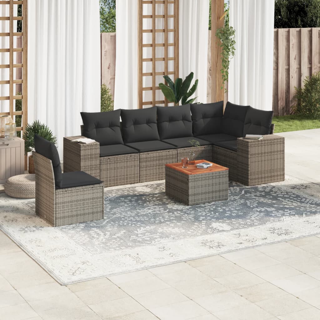 7 Piece Garden Sofa Set with Cushions Gray Poly Rattan