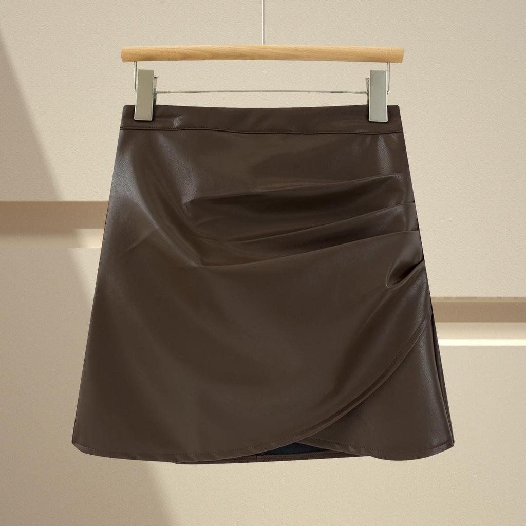 Women's Brown PU Leather Midi A-Line Skirt - Autumn/Winter Style, Plus Size, Hip-Hugging, Pairs Perfectly with Boots