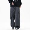 Solid color simple trendy brand splicing tooling casual pants men's trendy loose wide-leg straight elastic waist long pants men