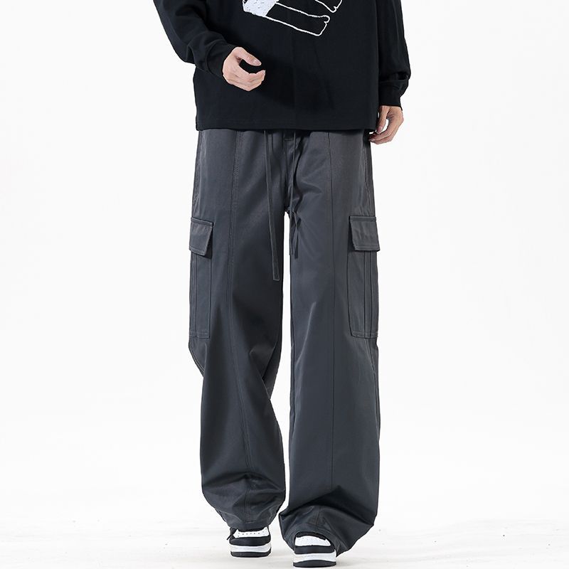 Solid color simple trendy brand splicing tooling casual pants men's trendy loose wide-leg straight elastic waist long pants men