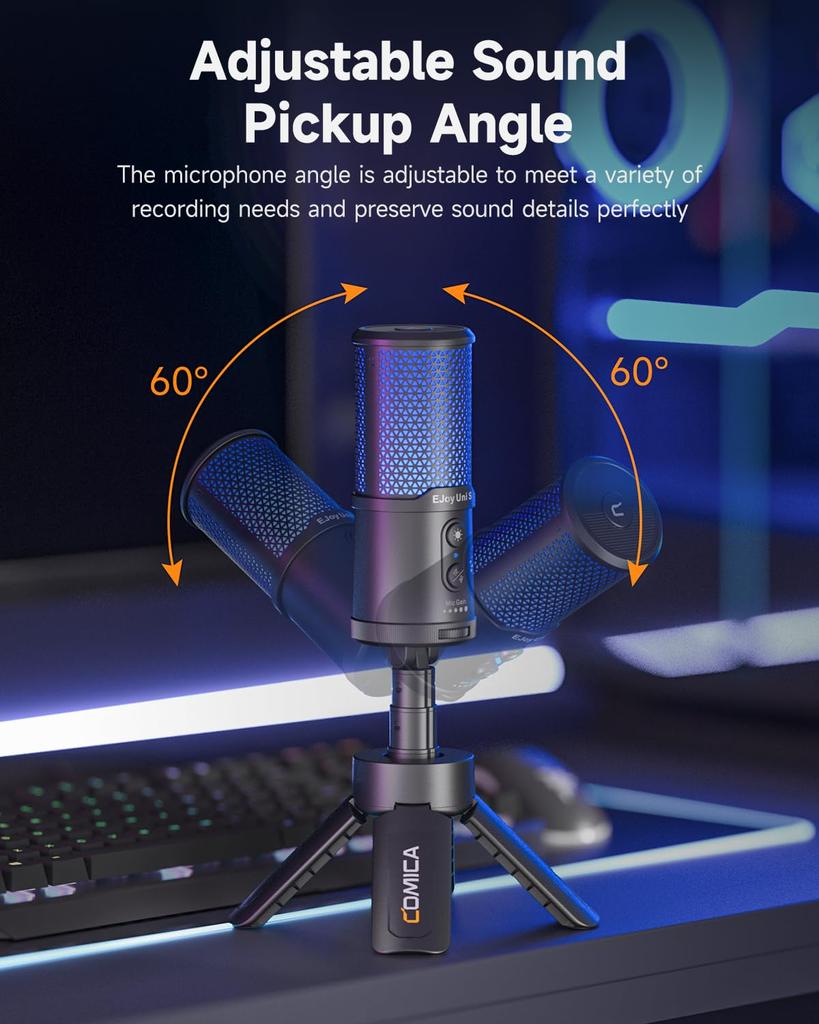 [AI Clear Voice] COMICA USB Condenser Microphone PC Microphone Portable Plug & Play AI Noise Cancellation RGB Light 48kHz/24bit Type-C Compatible Fold